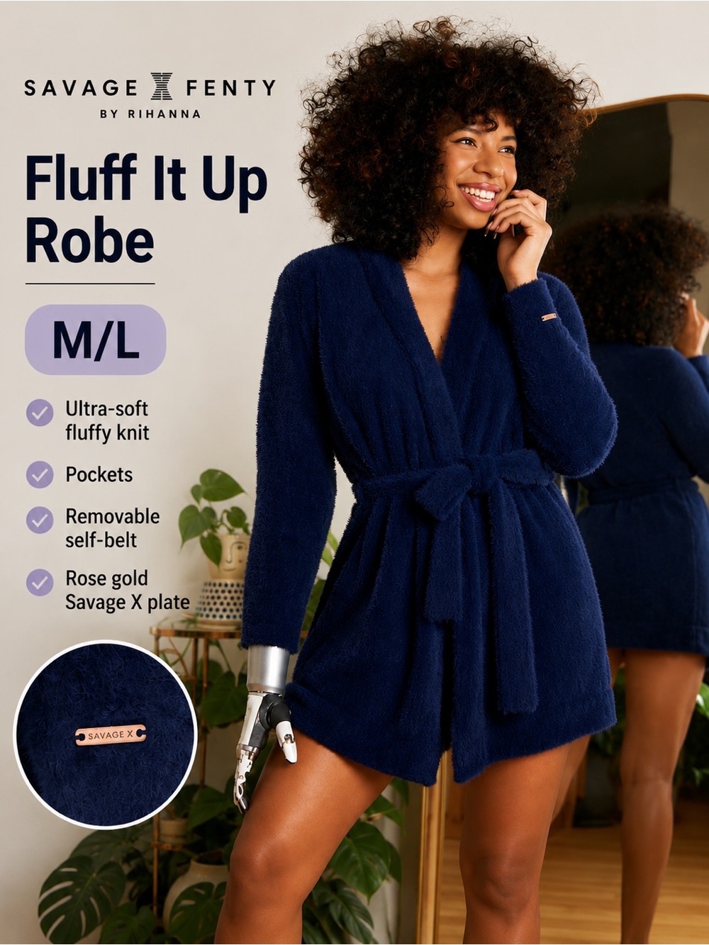 Savage X Fenty Fluff It Up Robe Soft Fuzzy Knit Belted Lounge Robe M/L‎ Blue